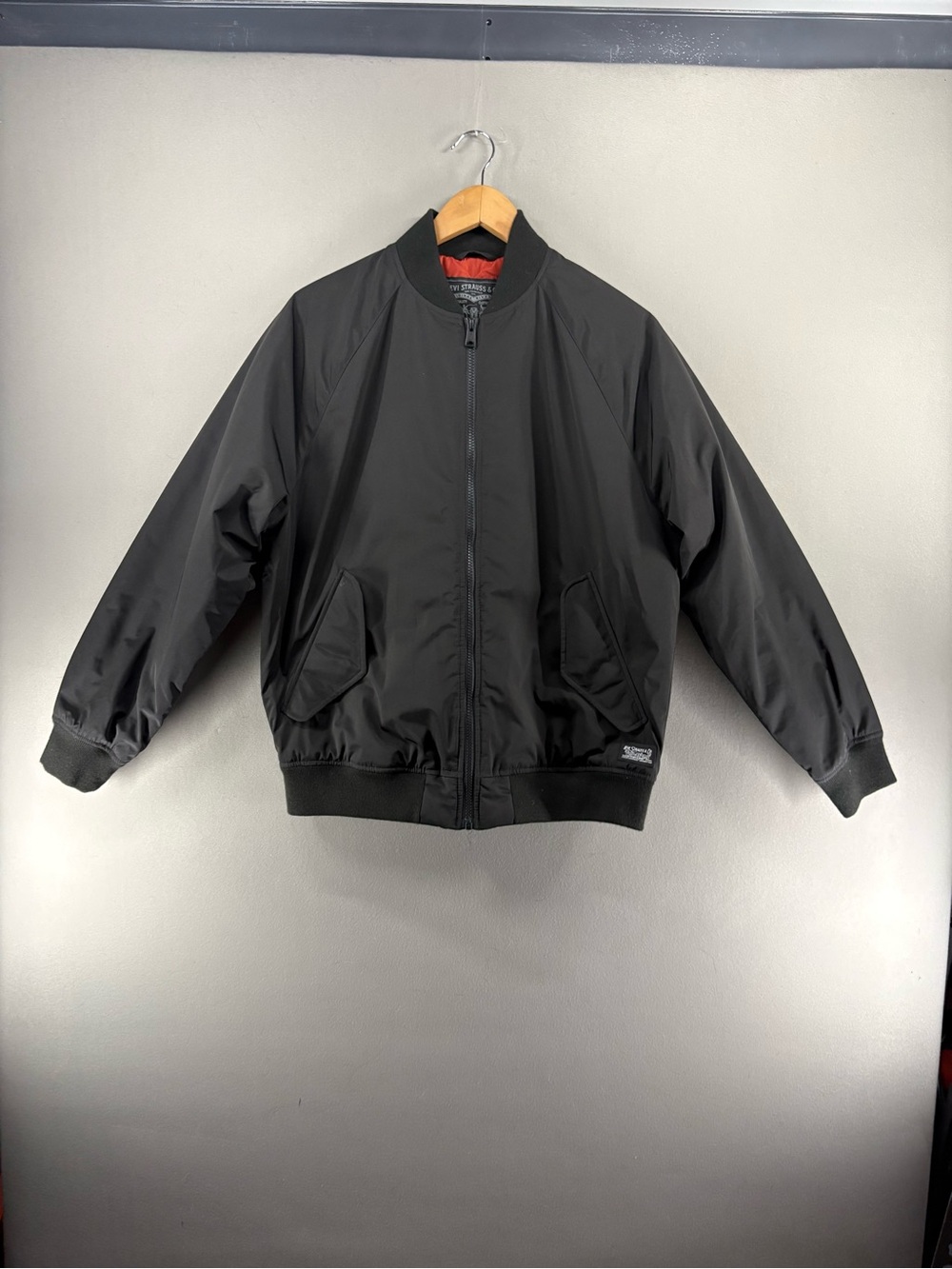 Levis Jacket Mens Small Black Full Zip Quilted Lined Orange Bomber Flight